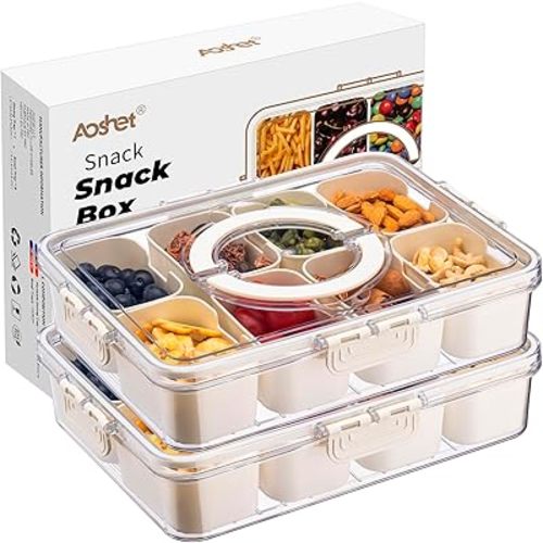 Snack Box Container, Dishwasher Safe Fruit Storage Containers, Divided Serving Tray with Lid for Veggie, Candy and Nuts, Snackle Charcuterie Boxes for Kids, Adults Travel, Party and Picnic (2 Pack)