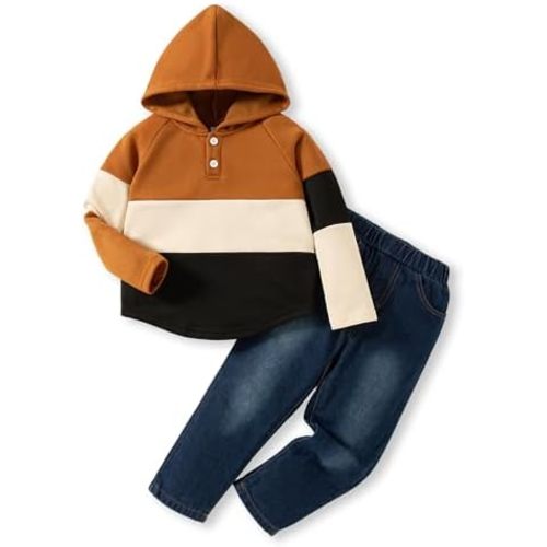 NZRVAWS Toddler Baby Boy Clothes Letter Printed Plaid Hoodie Shirt Denim Ripped Jean Pants Infant Fall Winter Outfits 6M-8T