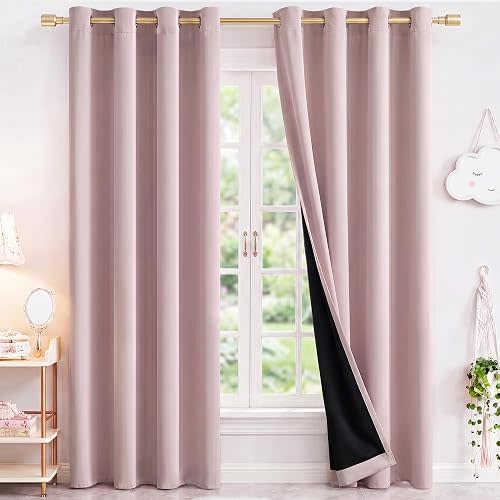 NICETOWN 100% Blackout Window Curtain Panels 84" Long, Blush Pink, 2 Pieces, 52 inches Wide Each Panel, Heat and Cold Blocking Drapes with Black Liner for Nursery, Thermal Insulated Draperies