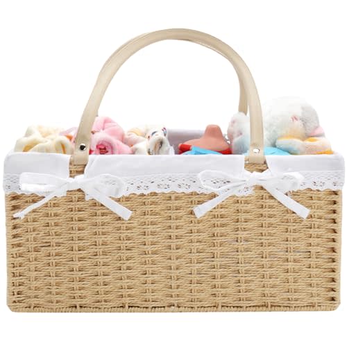 Large Baby Diaper Caddy Basket - Wicker Paper Rope Storage Baskets Portable Woven Car Organizer for Diapers With Cotton Divider Brown