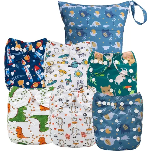 ALVABABY 6pcs Cloth Diaper Covers & 1 Wet Dry Bag, Washable Reusable Diaper Shell for Prefold with Multi-Functional Bag