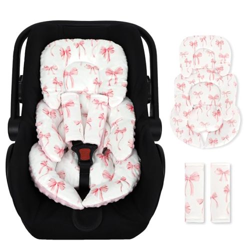 Infant Car Seat Insert Cushion, Baby Car Seat Head Body Support for Girls & Boys, Reversible Newborn Car Seat Insert with 2 Extra Strap Paddings, Premature Car Seat Cushion, Pink Bow