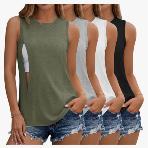 4 Pack Women's Nursing Tank Tops for Breastfeeding Hidden Zippers Sleeveless Nursing Shirts Loose Maternity Tops