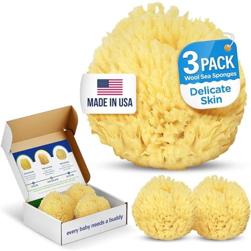 Baby Buddy Natural Bath Sponge, Ultra-Soft Sea Wool, Gentle on Baby's Skin, Hypoallergenic, Biodegradable, 3-Pack, 4in for Baby & Infant Bath Time