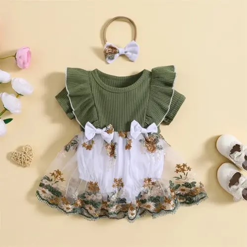 Infant Baby Girls Romper Dress Flower Embroidery Knit Rib Ruffles - TikTok Shop