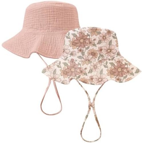 Konssy 2-Pack Muslin Baby Girl Sun Hats with Wide Brim, UPF 50+, 0-6& 6-12M