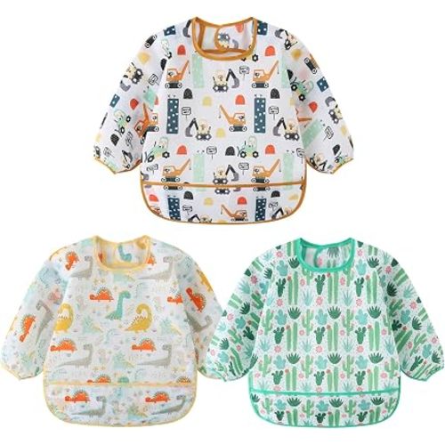 3 Pcs Waterproof Long Sleeves Baby Bibs Weaning Smock Bib 3-24 Months