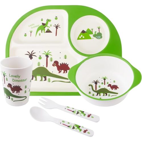 Kids Feeding Set 5 Pcs, Dinosaur Tableware Set for Toddlers, Includes Plate, Bowl, Cup, Fork & Spoon, BPA Free, Multicolor (Green, Brown, Orange), Dishwasher Safe