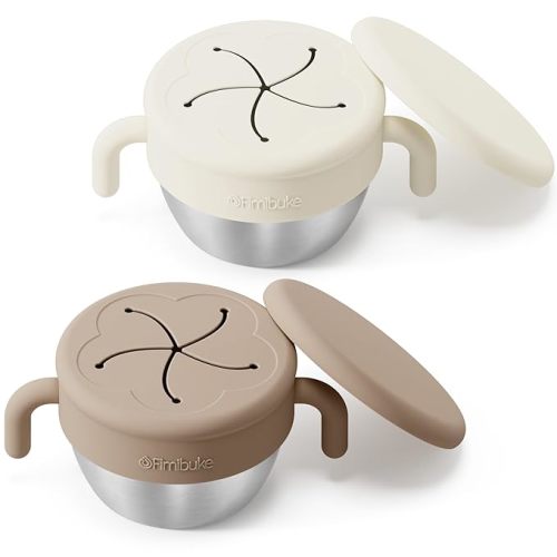 Fimibuke Snack Containers for Toddlers Kids, 12 OZ Spill Proof Stainless Steel Baby Snack Cups with Removable Silicone Food Catcher, Handles & Travel Lid BPA-Free Dishwasher Safe Food Container 2 Pack