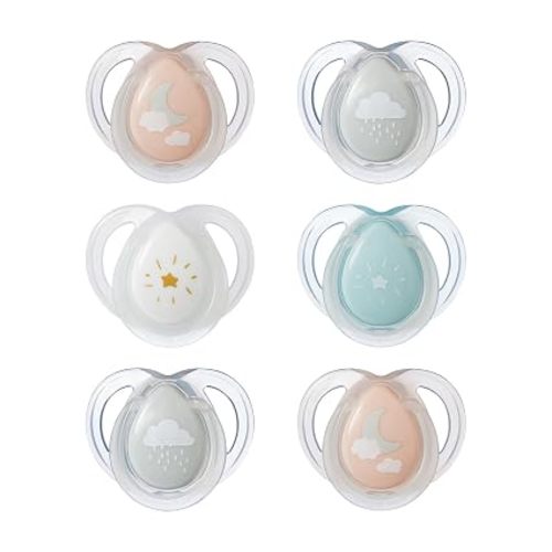 Tommee Tippee Night Time Pacifier, 0-6 Months, Symmetrical Silicone Baglet, BPA-Free Binkies, Glow in The Dark Technology, Pink Pastels, Pack of 6 | Symmetrical Silicone Baglet, BPA-Free Binkies, Pink Pastels