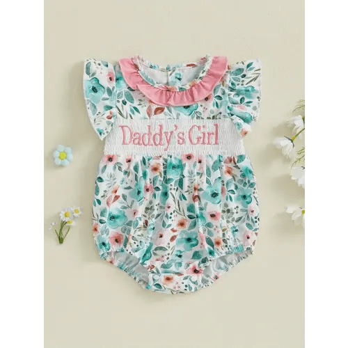 baby girl's floral print smocked bubble romper with & embroidered lettering - round neck fly sleeve bodysuit, light summer outfit, soft breathable fabric for newborns & infants, baby girl clothes, infant clothing, comfortable infant wear, outdoor | Free S
