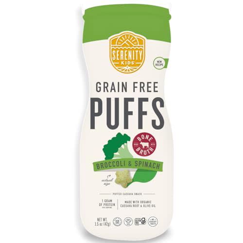 Serenity Kids 6+ Months Grain Free Puffs Toddler & Baby Snack | No Added Sugar, Gluten & Rice Free, Allergen Free | Made with Organic Cassava, Veggies, and Herbs | Broccoli & Spinach | 1 Count