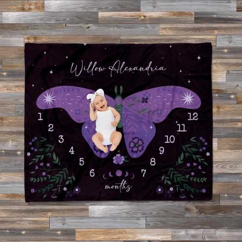 Purple Atlas Moth Milestone Blanket: Personalized Baby Growth Chart