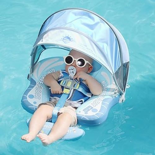Mambobaby Float Add Tail Baby Swim Float with Canopy Solid Pool Infant Swim Trainer Swimming Training Lying Air Free Water Floats Non-Inflatable Waist Swim Ring for Toddlers (Butterfly - Blue)