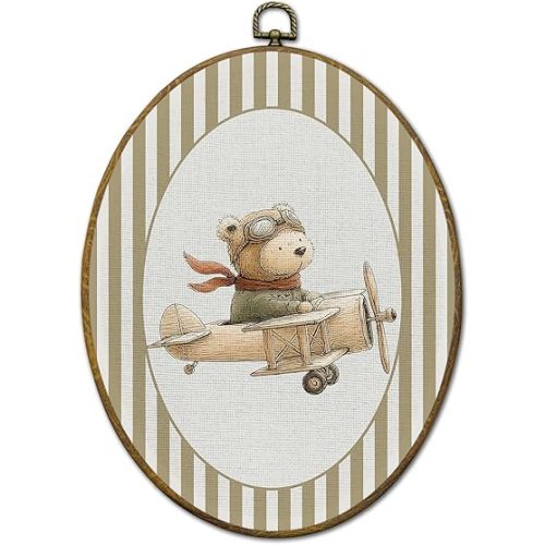 QZQE Vintage Bear Airplane Nursery Oval Wall Art Decor Framed, Kids Room Oval Canvas Prints, Neutral Striped Aviator Bear Wall Hanging Decor for Kids Boy Nursery Room Bedroom Playroom, 8.6x11.4 Inch