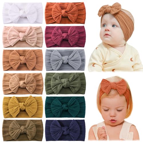 jollybows 12pcs Baby Girls Nylon Headband with Bow Newborn Hairbands Infant Hair Bow Elastics Handmade Hair Accessories for Toddlers Kids