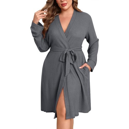 Ekouaer Women's Plus Size Robe Waffle Knit Bathrobe Short Lightweight Kimono Robes with Pockets Maternity Robe 1x-5x