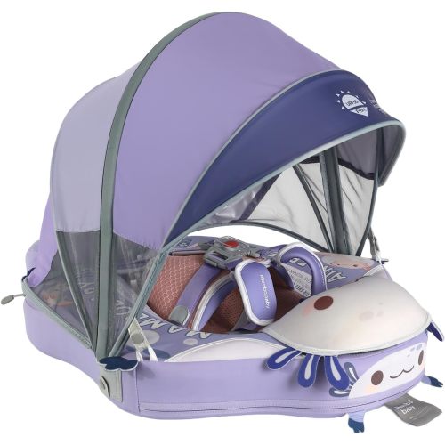 Mambobaby No-Flip Baby Pool Float with Canopy & Tail Non-Inflatable Swim Float for Infants, Pearl-Foam, UPF 50+ & Adjustable Safety Five-Way Harness, Skin-Friendly for Boys Girls 3-24 Months