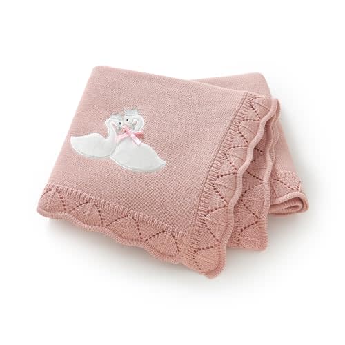 LAWKUL Cotton Baby Blanket for Girls Boys, 31.5x40 Inch (Pink) | Crochet Knit, Neutral, Crib Nursery Receiving Swaddle, Cute Embroidered