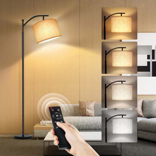 OUTON 63" Modern Dimmable Arc Floor Lamp with Remote for Living Room, Tall Standing Lamp with Hanging Linen Shade, Metal Floor Lamp with 3 Color Temperatures LED Bulb for Bedroom Ofiice(Black)