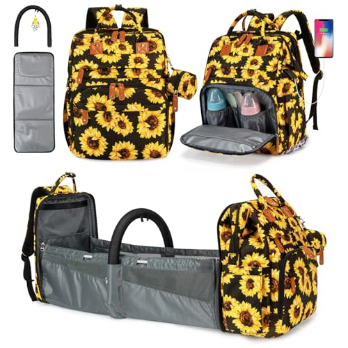KABAQOO Diaper Bag Backpack with Detachable Changing Station, Large Capacity Baby Diaper Bags for Boys & Girls, Baby Registry Search Stuff & Shower Gifts, Newborn Essentials Must Haves, Sunflower