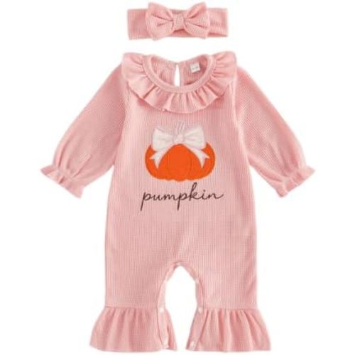 Infant Girl Outfit Letters Embroidery Striped Waffle Knit Romper Headband