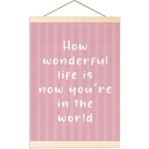 Pink Nursery Wall Art Baby Girl Decor, Pink Striped Affirmations Nursery Wall Art for Little Girl's Bedroom, Playroom Decorr, How Wonderful Life Is Now You're in the World Hanging Flag Banner