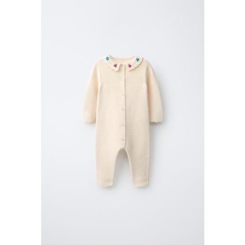 CROCHET COLLAR EMBROIDERED FLORAL JUMPSUIT - Ecru | ZARA United States