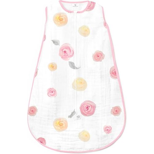 Amazing Baby Cotton Muslin Sleeping Sack, For Baby Girl, Wearable Blanket with 2-way Zipper, Watercolor Roses, Pink, Small (0-6 Month)