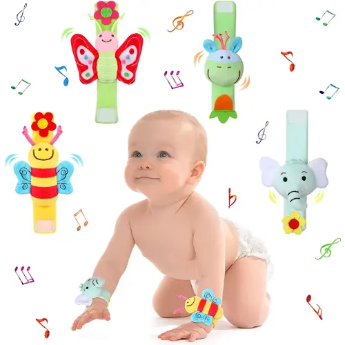 4 Pieces Baby Wrist Rattles Animal Pattern Newborn Rattle Foot Rattles Toy for Babies Boy Girl Infant Birthday Gifts Educational Toys, 4 Designs (Elephant, Donkey, Butterfly, Honeybee)