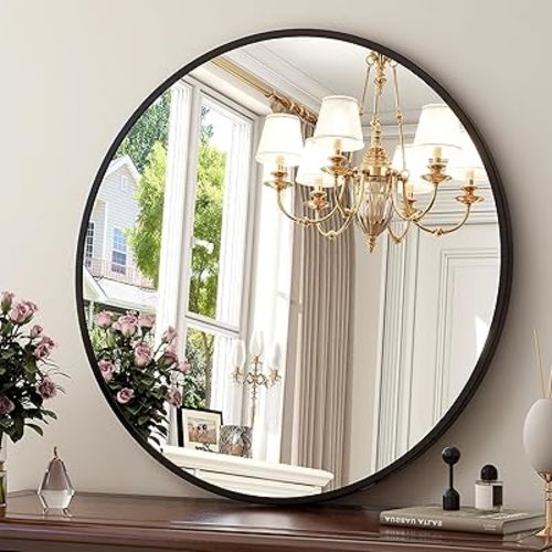 24 Inch Round Mirror - Circle Mirrors for Bathroom, Entryway and Living Room Wall Decor, Modern Hanging Vanity Mirror, Matte Black Circle Decorative Wall Mirror