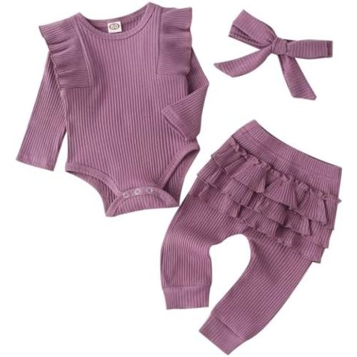 Baby Girl's 3pc Rib Frill Long Sleeve Romper and Pant Set
