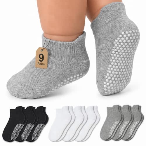 Infinno Baby Non Slip Ankle Socks 9 Pairs - Toddler Socks with Grips for Kids, Infants Boys and Girls 6-24 Months, 1T-7T