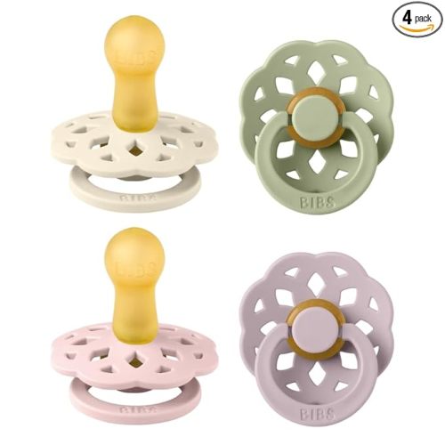 BIBS Boheme Soother 4-Pack | BPA Free Dummy Pacifier Round Nipple | Natural Rubber Latex | Made in Denmark | Size 6-18 Months | Dusky Lilac Mix