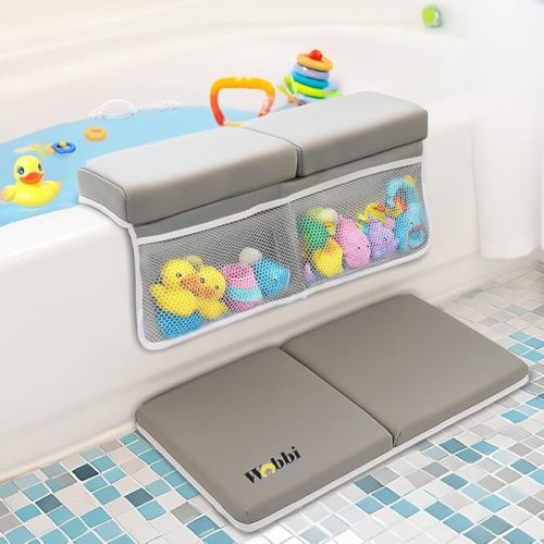 Wobbi Baby Bath Kneeler and Elbow Rest Pad Set - 1.5" Thick Memory Foam Knee Pad for Bathing Babies - 6 Suction Cups Non Slip Bath Kneeling pad with Toy Storage - Foldable & Quick Drying-Grey