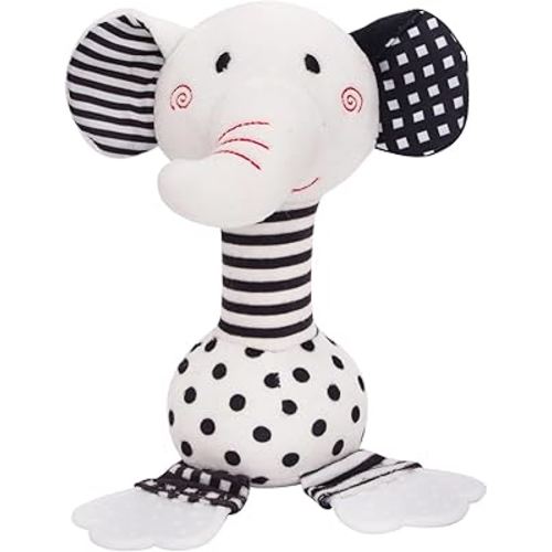 Black & White Elephant Baby Toys 0-12 Months - Plush Sensory Rattle with Teether, Wind Chime, BB Squeaker & Embroidery for Visual, Hearing & Cognitive Development