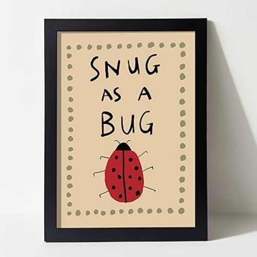 HandEasy Framed Nursery Wall Decor, Retro Snug as a Bug Posters, 8×11 Inches Funny Ladybug Prints for Kids Room Classroom Playroom Bedroom Wall Art - A07