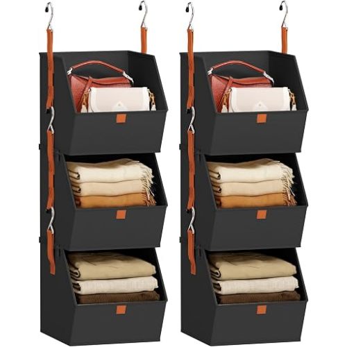 Collapsible Hanging Closet Organizer - 6 Tier Closet Shelves Storage System with Hooks, Fabric Hanging Storage Bins for Clothes, Foldable Storage Basket for Laundry, Bedroom, Rv, Black