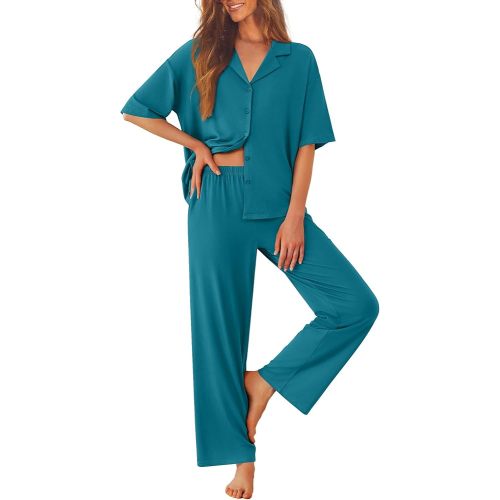 Ekouaer Women Pajamas Set Button Down Sleepwear Short Sleeve Pjs Soft Comfy Nightwear with Long Pants S-XXL