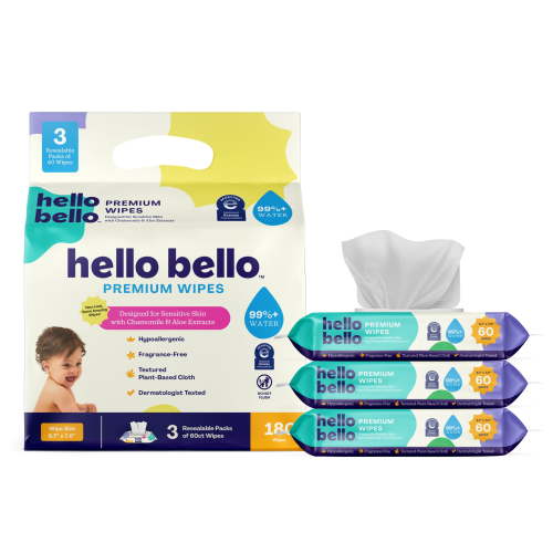 Hello Bello Baby Wipes, Soothing Wet, Fragrance-Free, 180 Unscented Plant-Based Wipes, 3 Pouch Pack