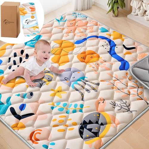 Baby Play Mats for Floor, Playpen Mat for Babies, Extra Thicker & Soft Floor Crawling Mat, Foldable Non-Slip Playmat Cushioned for Infants Toddlers (Marine Life, 50x50 Inch)