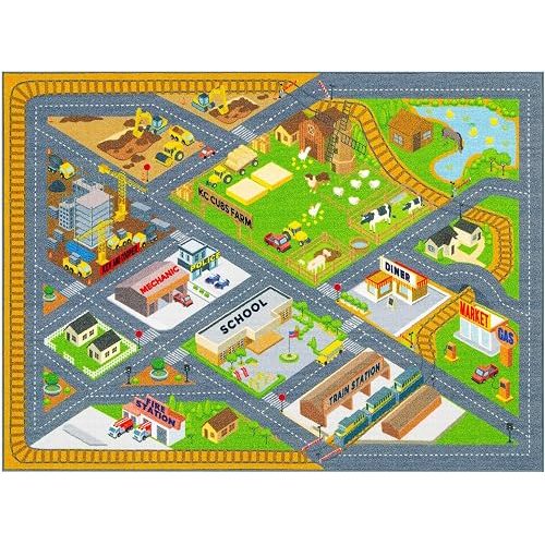 KC Cubs 3x5 Country Farm Construction Car Road Street Rug – Educational Carpet Play Mat for Kids, Toddlers, Nursery, Classroom, Playroom, Baby Daycare