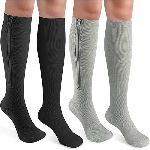 CASMON 2 Pairs Zipper Compression Socks for Women & Men,15-20 mmHg Closed Toe Knee High Support Sock for Varicose Vein Edema