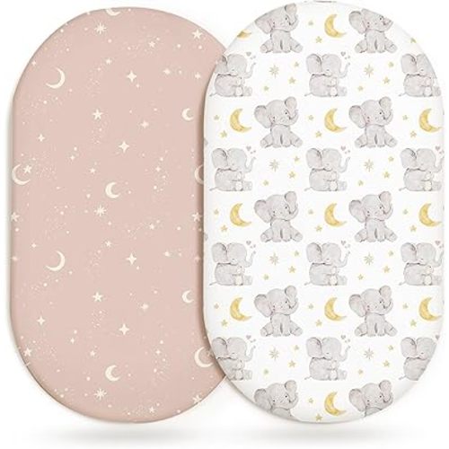 Bassinet Sheets for Baby Girls Boys 2 Pack, Fitted Baby Mattress Sheet for Rectangle, Oval, Hourglass Bassinet Mattress, Breathable Cozy & Universal Fit (Elephant Dream)