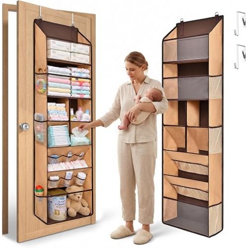 6-in-1 Over Door Hanging Organizer with 12 Mesh Pockets, 44 lbs Capacity, Light Brown – Versatile Behind Door Storage for Baby Nursery, Newborn Essentials, Bedroom, Bathroom & Dorm