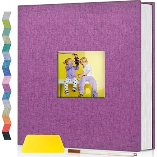 popotop Photo Album Self Adhesive with Picture Display Window,40 Pages DIY Scrapbooking Supplies Kit for 4x6 8x10 Picture,Linen Cover Memory Book for Baby Wedding, with Scraper and Metallic Pen