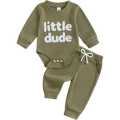 Douhoow Baby Boy Clothes Letters Embroidered Baby Sweatshirt Romper Waffle Pants Set Infant Boy Fall Winter Outfits