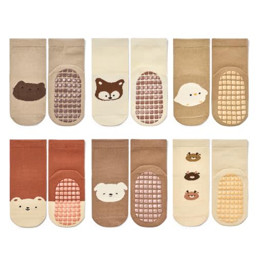 Bearbay Baby Socks 6 Pairs - Non-Slip Gripper for Toddlers, Infants & Kids, Soft Cotton Crew Socks for Boys & Girls