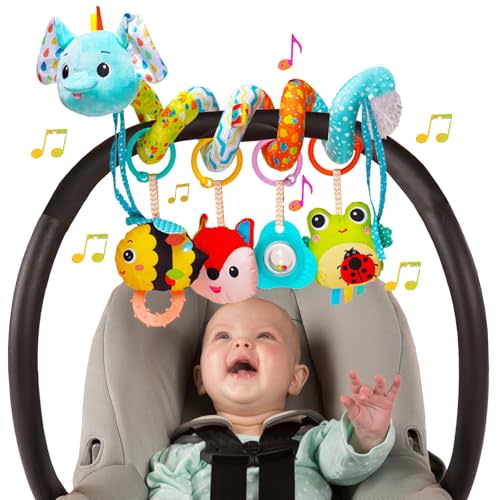 Car Seat Toys for Babies 0-6 Months, Blue Elephant Stroller Toy for Infants | Hanging Spiral Toys with Music Box Rattle Squeaker Developmental Toy for Newborns 0 3 6 12 Month