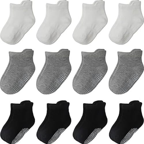 Baby Toddler Socks Grip Non Slip Boys Girls Kids Cotton 12 Pack Ankle Socks | PREMIUM COTTON soft breathable,anti-slip grips,6month-7t grippy toddler socks,elastic cuffs,unisex daily all season wear